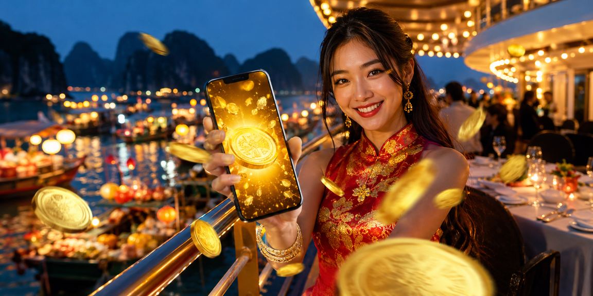 Người dùng tại vịnh Hạ Long trải nghiệm casino di động trong không khí lễ hội